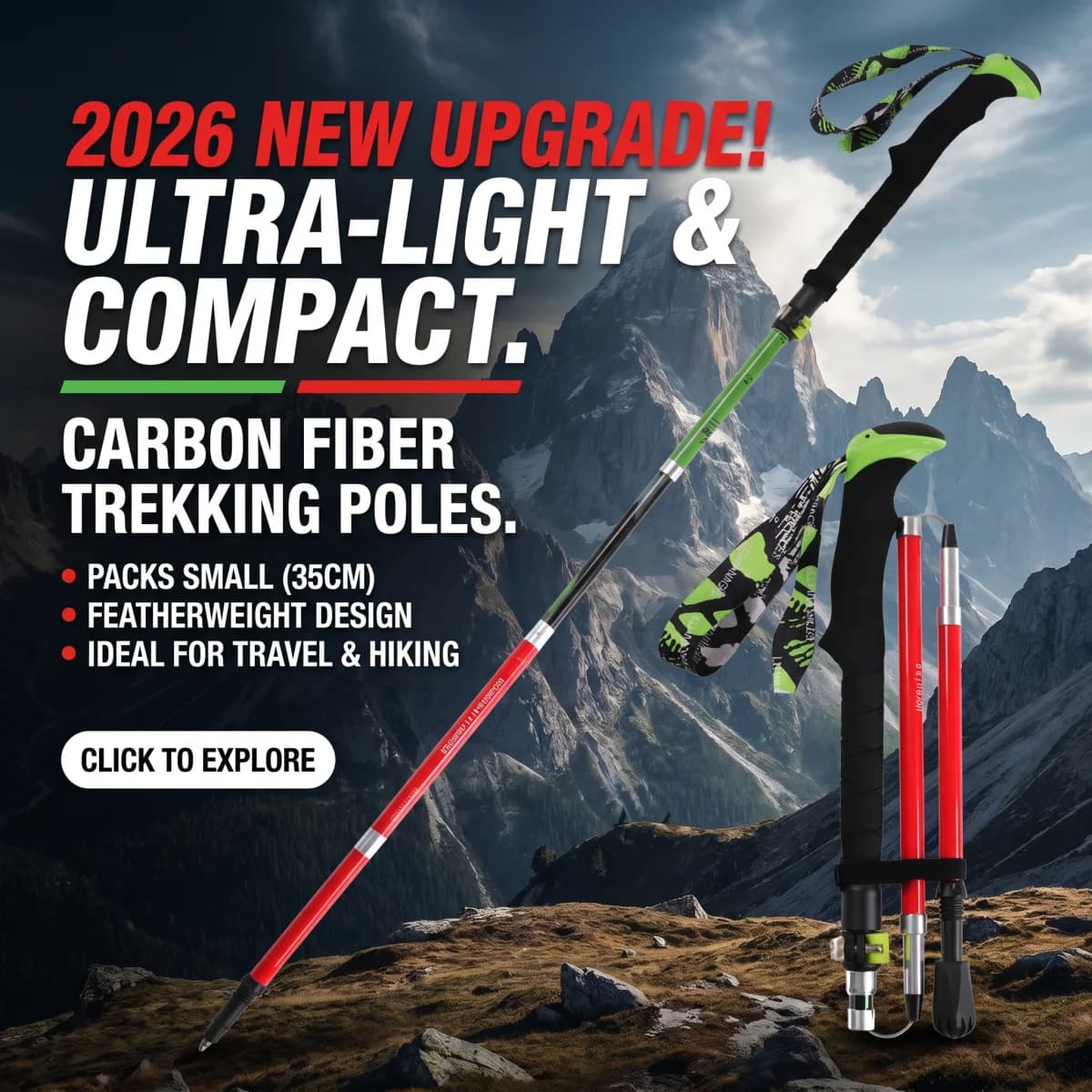 2026 New Upgrade Folding Ultralight Quick Lock Trekking Poles Hiking Pole Race Running Outdoor Walking Stick Carbon Fibe