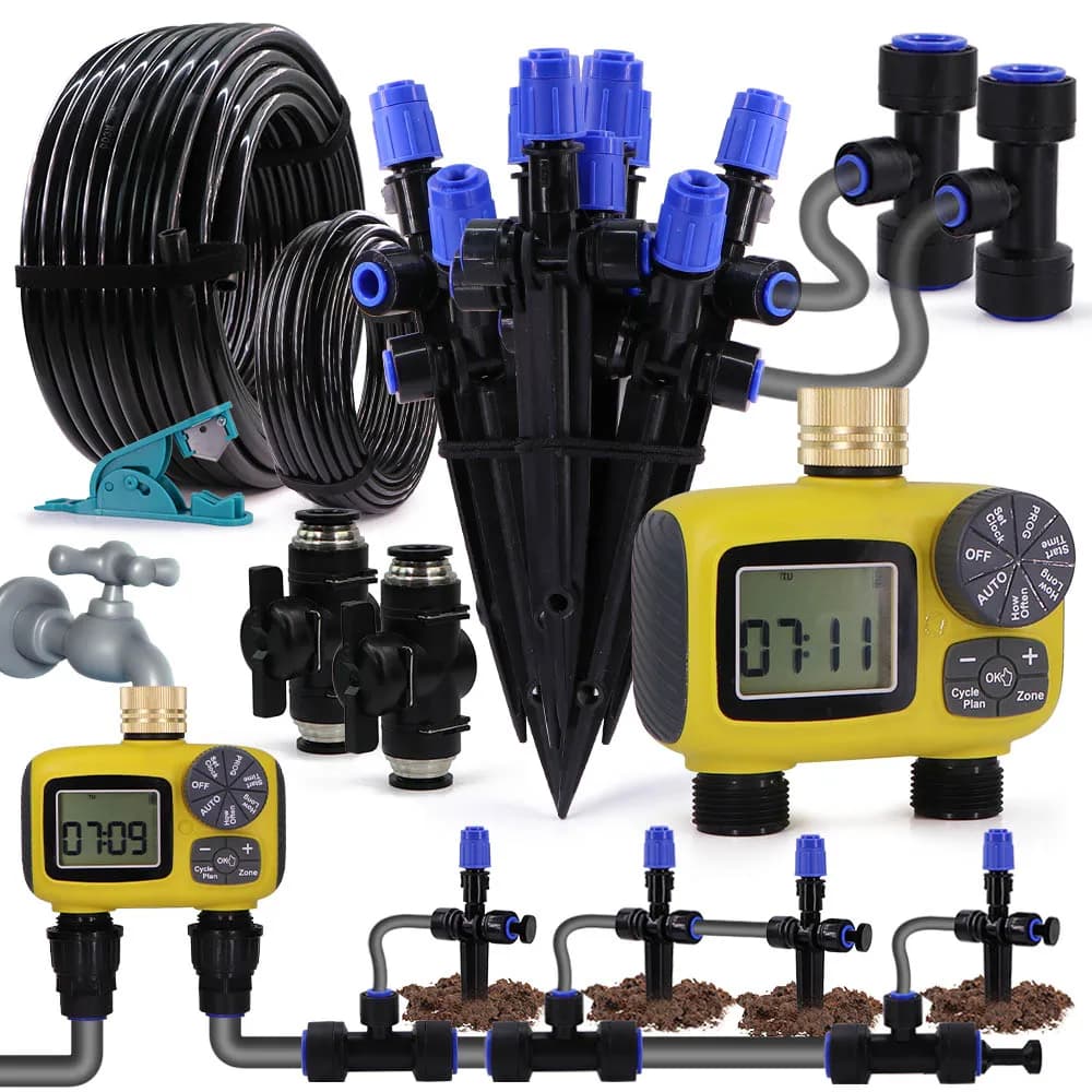 Sistema di irrigazione gorgogliatore da 3/8" con timer LCD 360 ° Irrigatori regolabili Kit tubo flessibile in PE da 12 mm Connettore rapido Irrigazione di piante da giardino