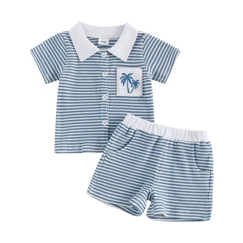 Completo estivo per neonati da 0 a 4 anni, maglietta a righe con ricamo a foglie di palma, pantaloncini, set da 2 pezzi per bambini piccoli