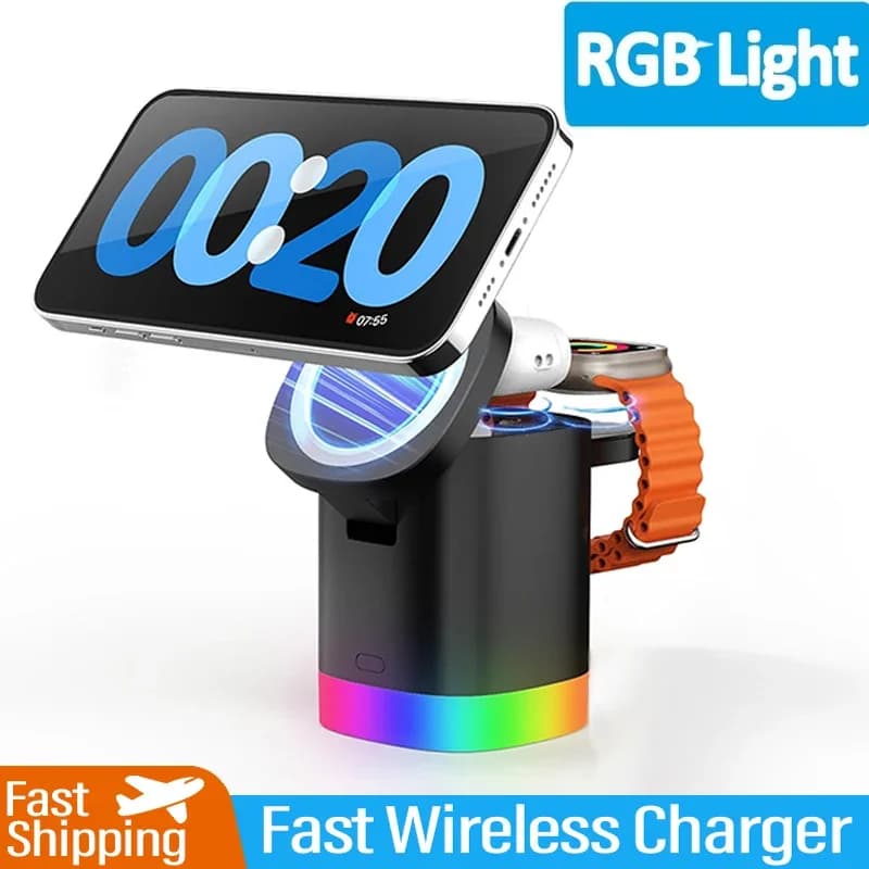 Caricabatterie Wireless veloce pieghevole adattatore per Dock da viaggio supporto luminoso per iPhone 15/14/13 Apple Watch Ultra2/9/Ultra/8/7/6/5/4 AirPods