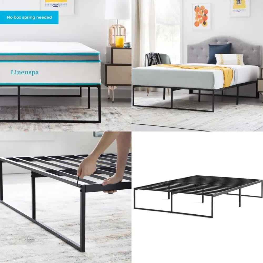 Traditional double bed with metal platform - Easy mounting, sturdy steel, no slats net, container under the bed, mattress base, 14 inch