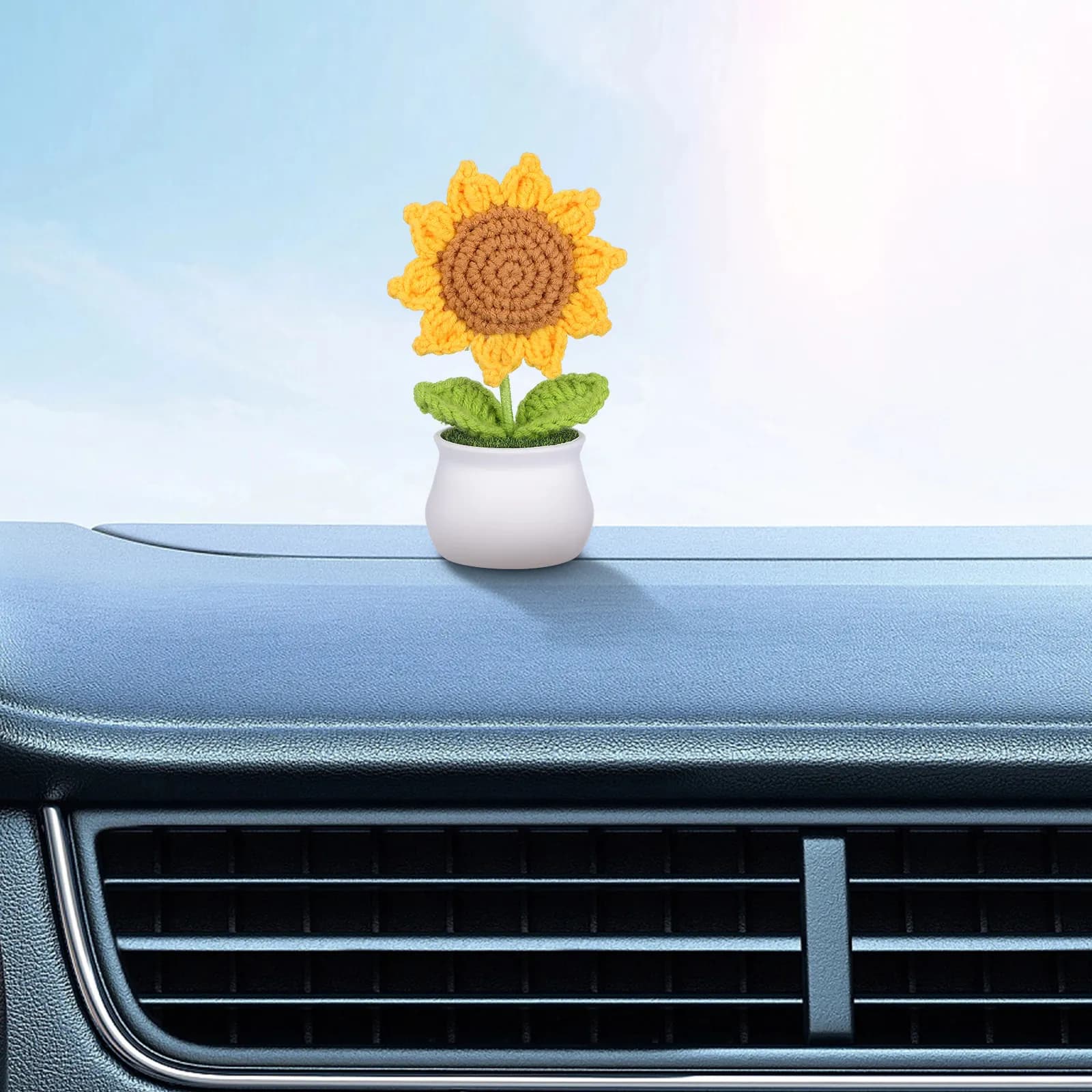 Knitted Sunflower Potted Plant Handwoven Crochet Flower Realistic Artificial Flower Bouquet Decorative Home Car Accessory