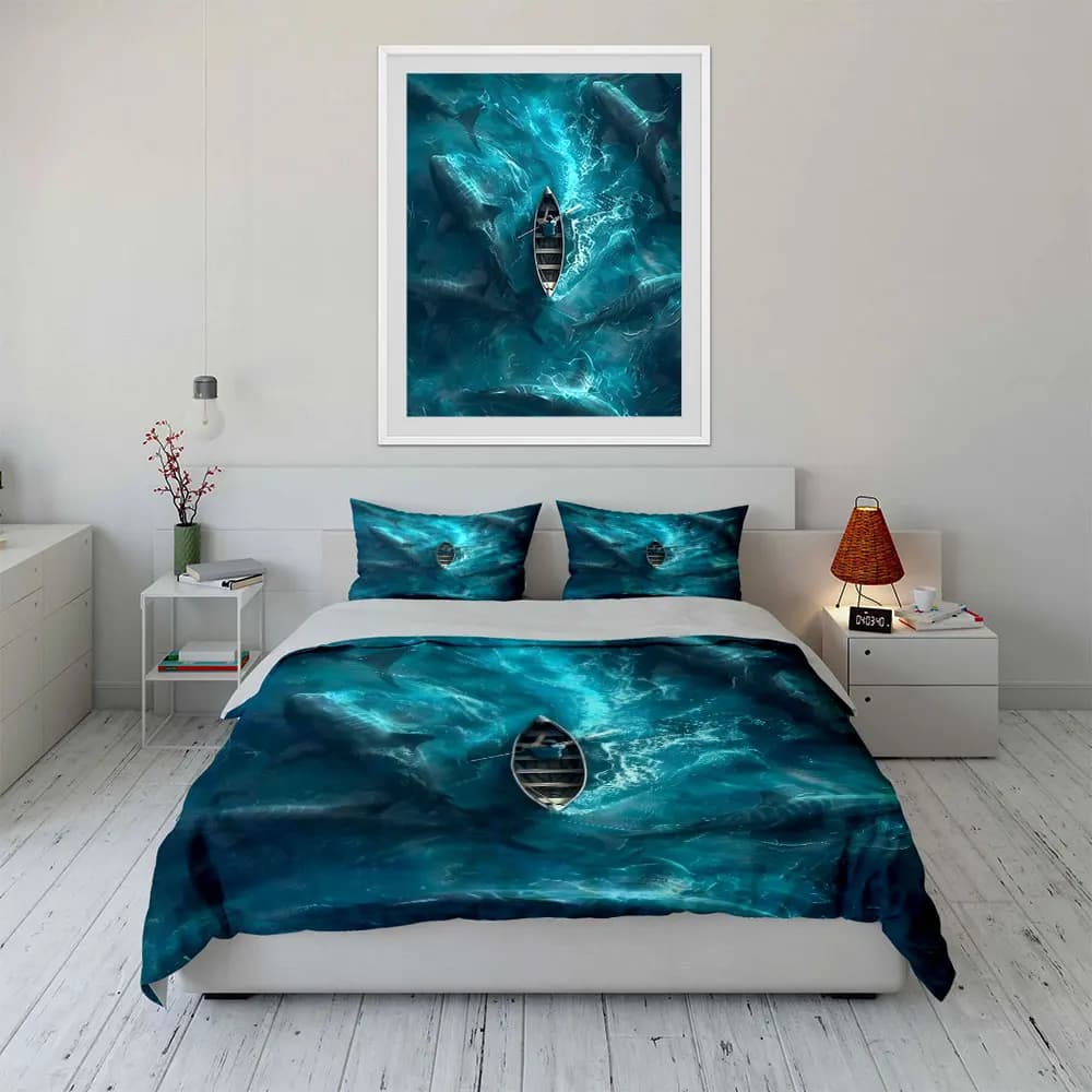 Set di biancheria da letto decorativa Shark Adventure con 1 copripiumino e 2 federe, singolo, matrimoniale, king, queen, regalo