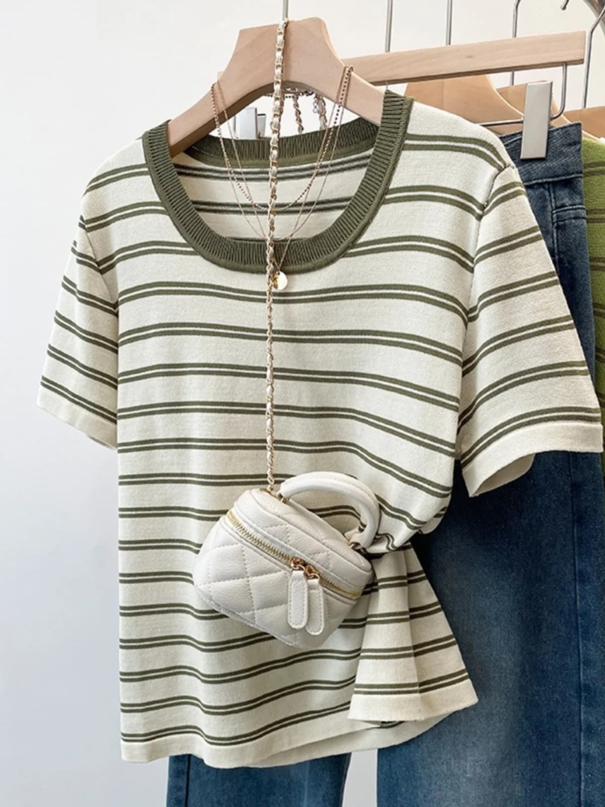 Slim Fit Knitted Ice Silk U Neck Short Sleeve T Shirt Women Summer New Large Size Fat MM Slimming Belly Cover Striped Top