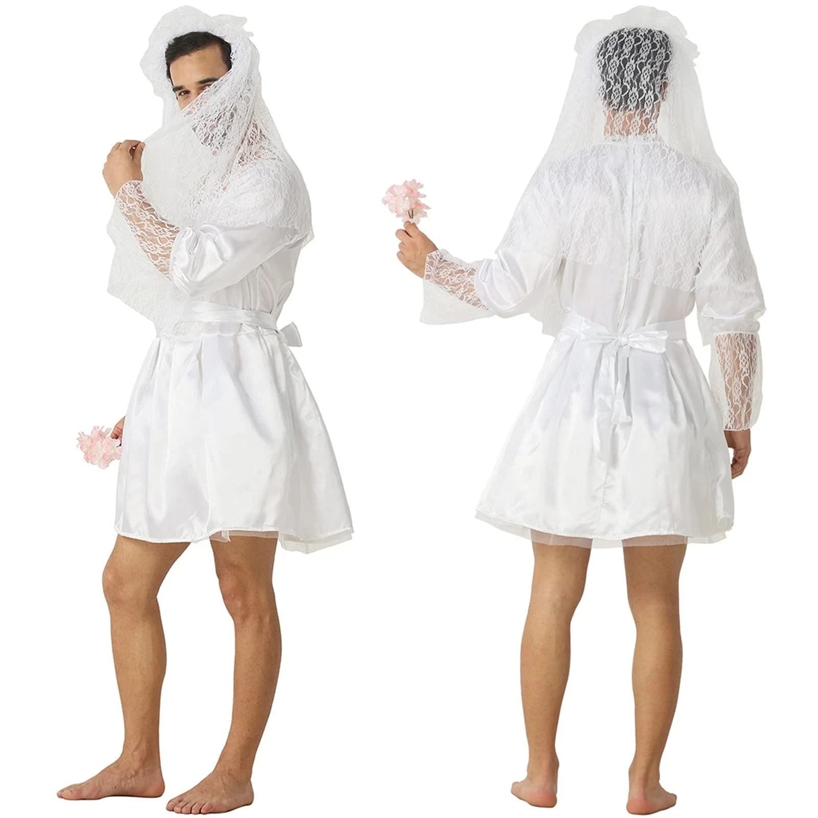 Men Funny White Bride Costume Male Crossdress Wedding Dress with Veil Stag Do Bachelor Party Halloween Carnival Fancy Dress