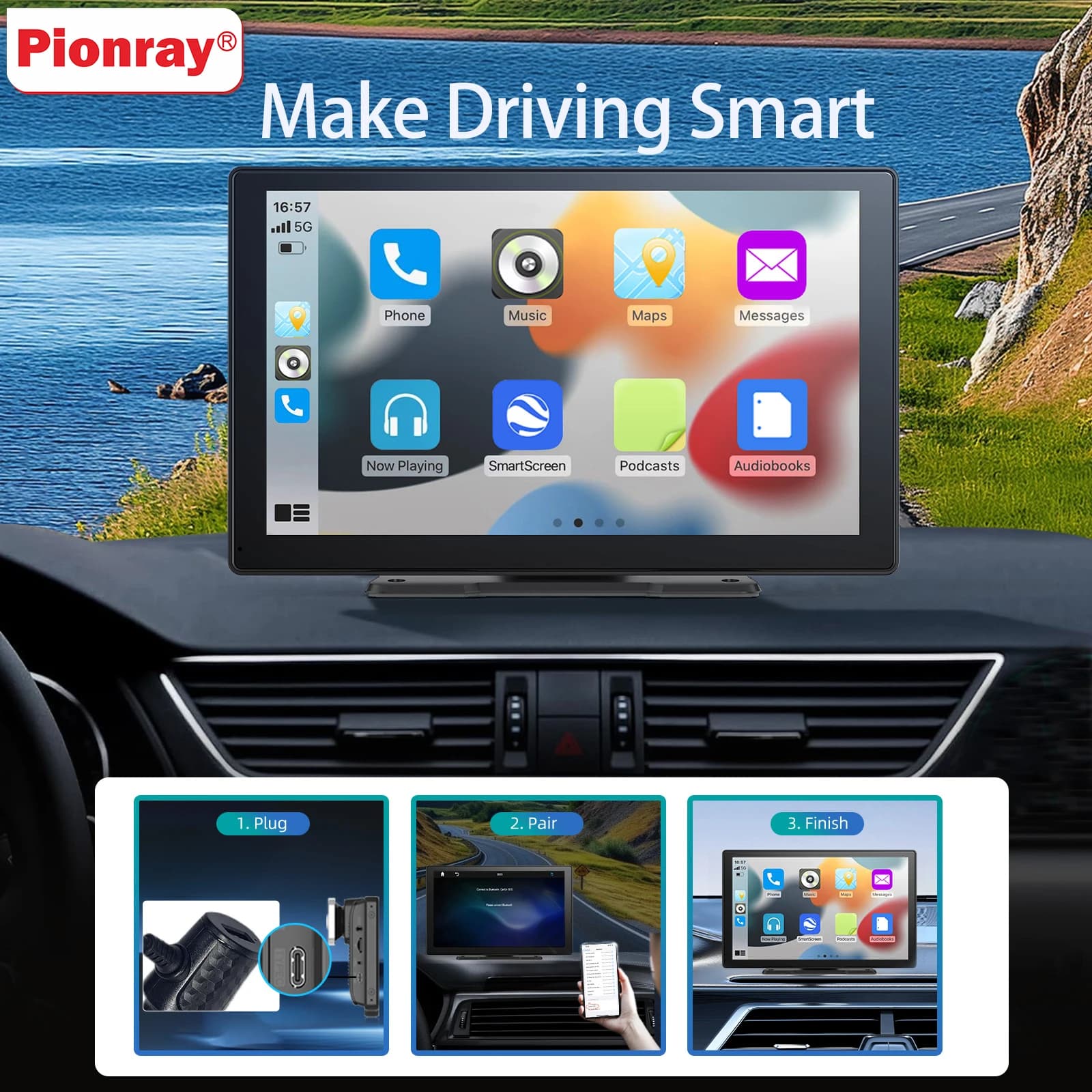 Pionray 7/9/10.26" CarPlay Android Auto Autoradio Lettore video multimediale Touch screen IPS con supporto USB AUX Telecamera posteriore