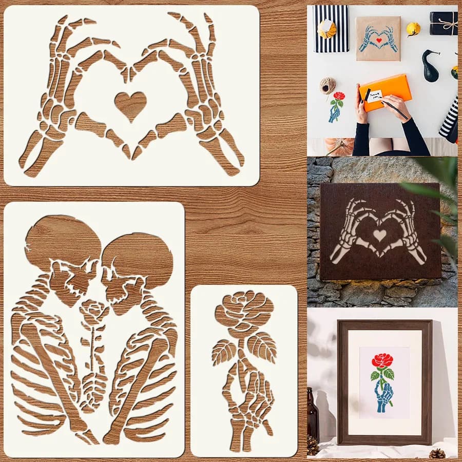 3PCS Skeleton Heart Rose Stencil Set – Reusable DIY Painting Templates for Wall Decor, Scrapbooking, Halloween Party, Gift Packa