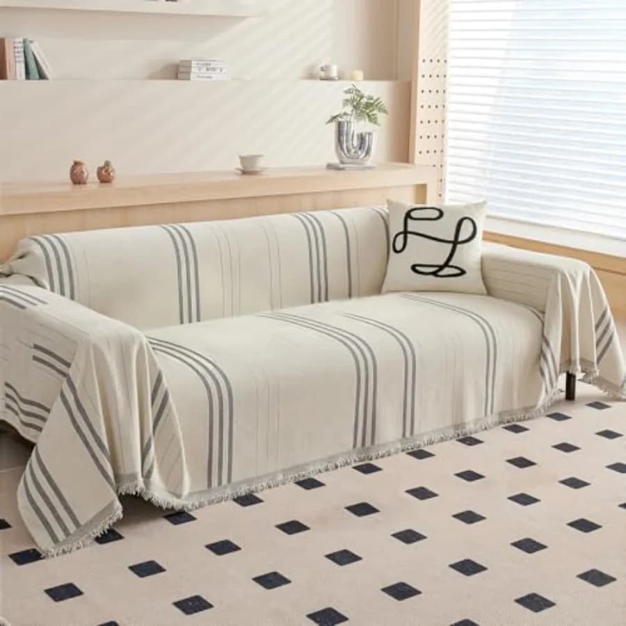 Couch Cover for Pets, Reversible Chenille in Beige and Grey, Vertical Stripe Jacquard Slipcover for 3-Cushion Sofa, 71x150, Mac