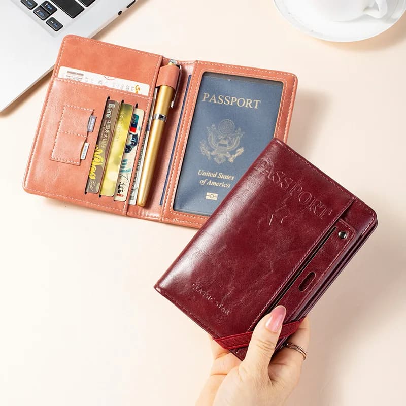 Porta Passaporto RFID Multifunzionale con Organizer per Carte SIM, ID, IC, Carte di Credito e Penne, Custodia da Viaggio in PU per Passaporto