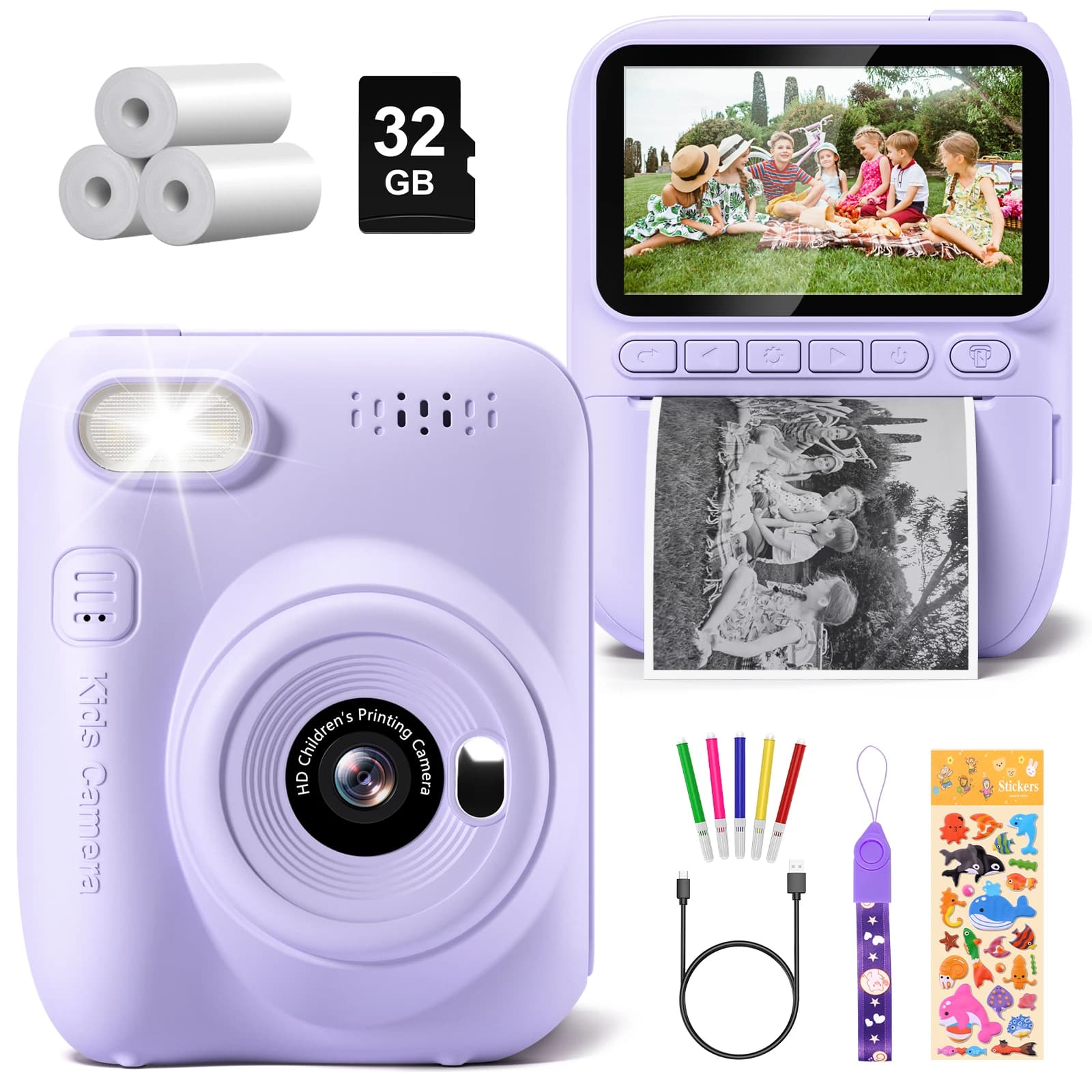 Fotocamera digitale per bambini 3.0 "Camera portatile con stampa istantanea 32MP HD 1080P Fotocamera giocattolo regalo per 6-12 anni con 3 rotoli di carta per stampante