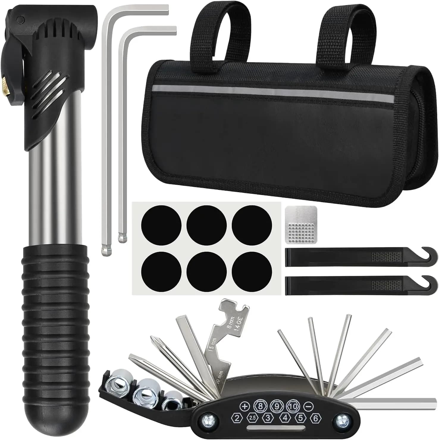 Bike Repair Kit, Bicycle Repair Bag With Tire Pump, Bike Tool Kit for Camping Travel, 16-in-1 Bike Multitool, Bicycle Tire Repai
