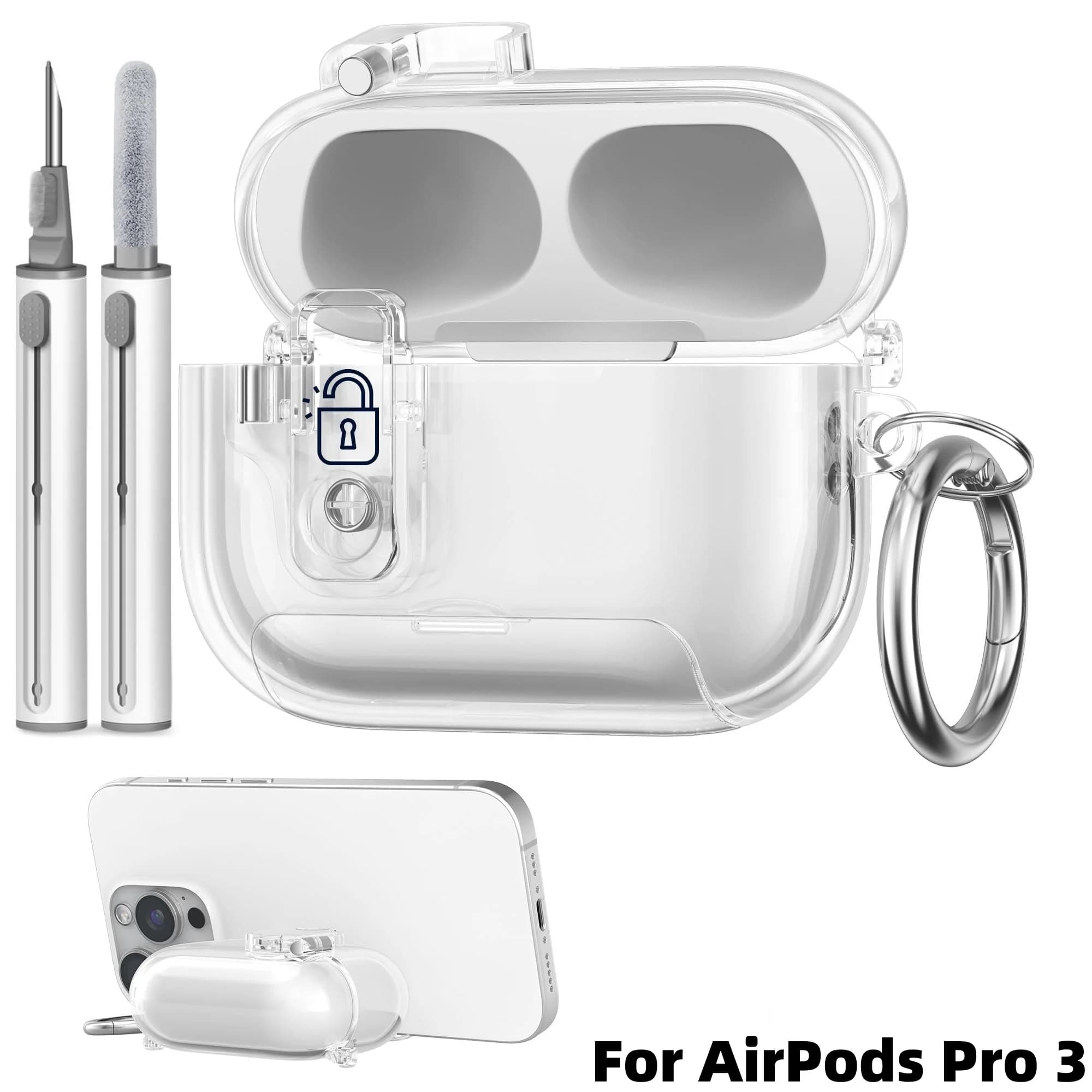 AirPods Pro 3 Transparent Case Safety Lock (2026) with Phone Support and Cleaning Kit Soft Cover in TPU for Third Generation Airpods Pro Case