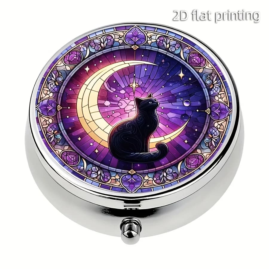 1 Moon and Cat Pattern Three-Compartment Pill Box - Portable Metal Pill Box, Can Be Placed in a Wallet or Pocket, Ideal for Travel, and Is a Unique Halloween/Christmas Gift, Wallet Pill Box