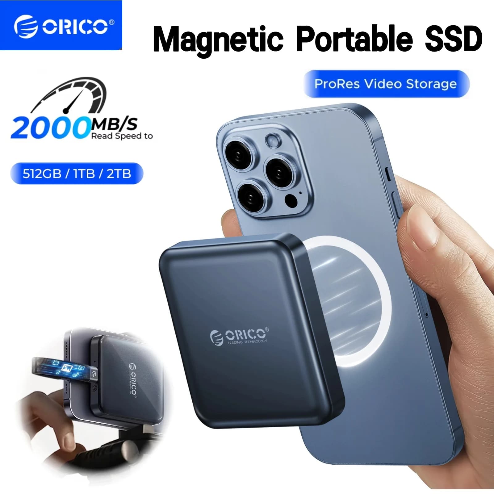 ORICO SSD esterno magnetico da 1 TB, registrazione e negozio HDR 4K ProRes, trasmissione e archiviazione stabili da 2000 MB/s, stato solido portatile