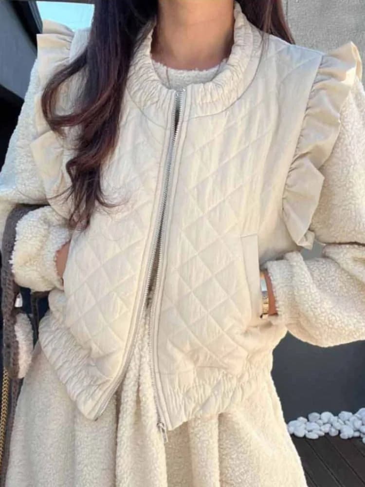 Women's Winter Vest Korean Style Sweet Youthful Diamond Patterned Puffy Sleeveless Jacket Outerwear Trendy Layering Cotton