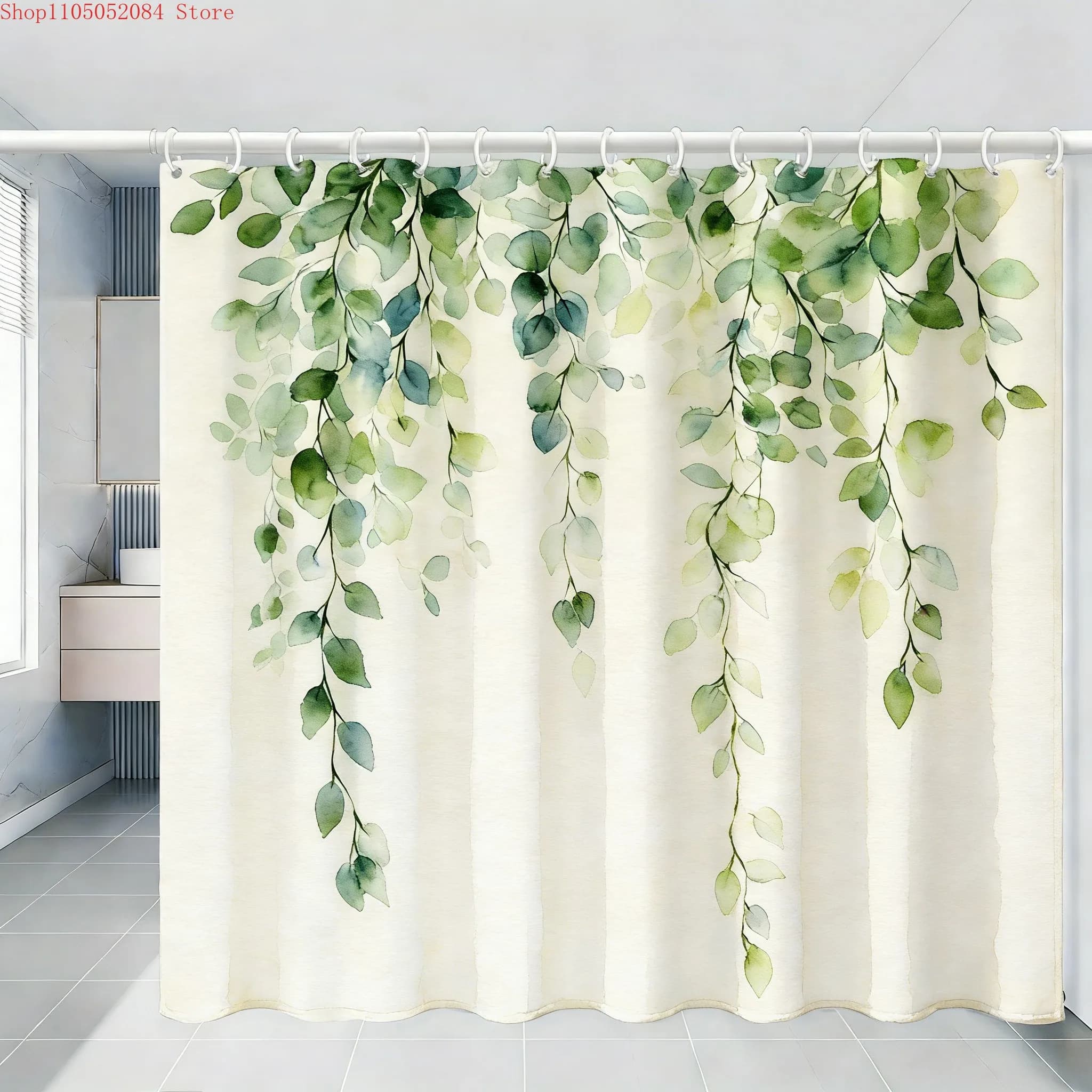 Tenda da doccia impermeabile con foglie verdi acquerellate per l'arredamento del bagno