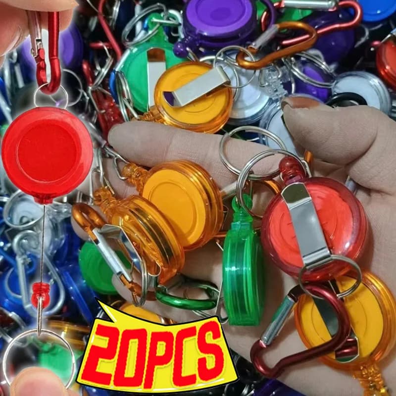 1/20pcs Retractable Steel Cord Pull Reel Keychains Buckle Clasp Wire Rope Key Ring Recoil ID Card Holder Sporty Multiple Tools