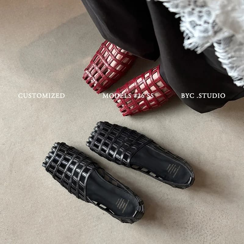 2026 new summer women sandals natural leather plus size 22-25.5cm weave sheepskin square toe grid low heel women shoes fashion