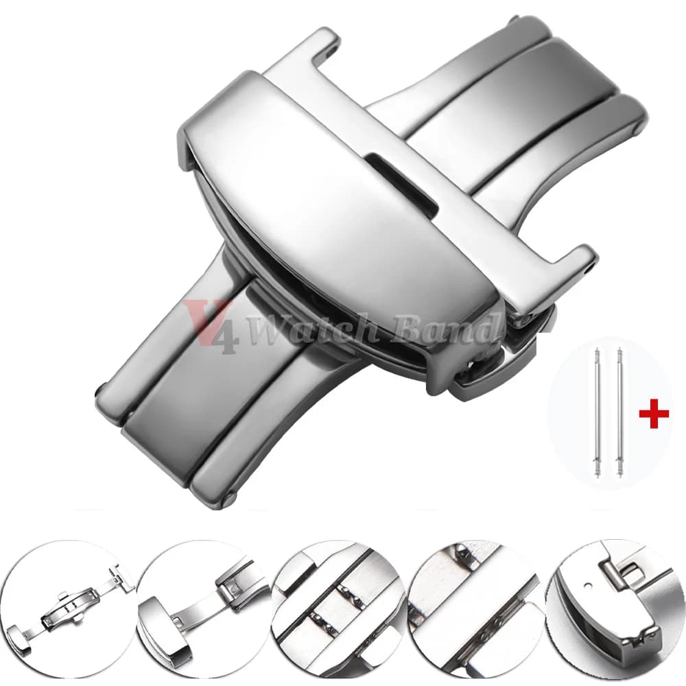 Wristbands Watches Stainless Steel Polished Double Botton Opaque Clasp, Butterfly Clasp 14/16/18/20/22mm, Wrist Strap Accessories