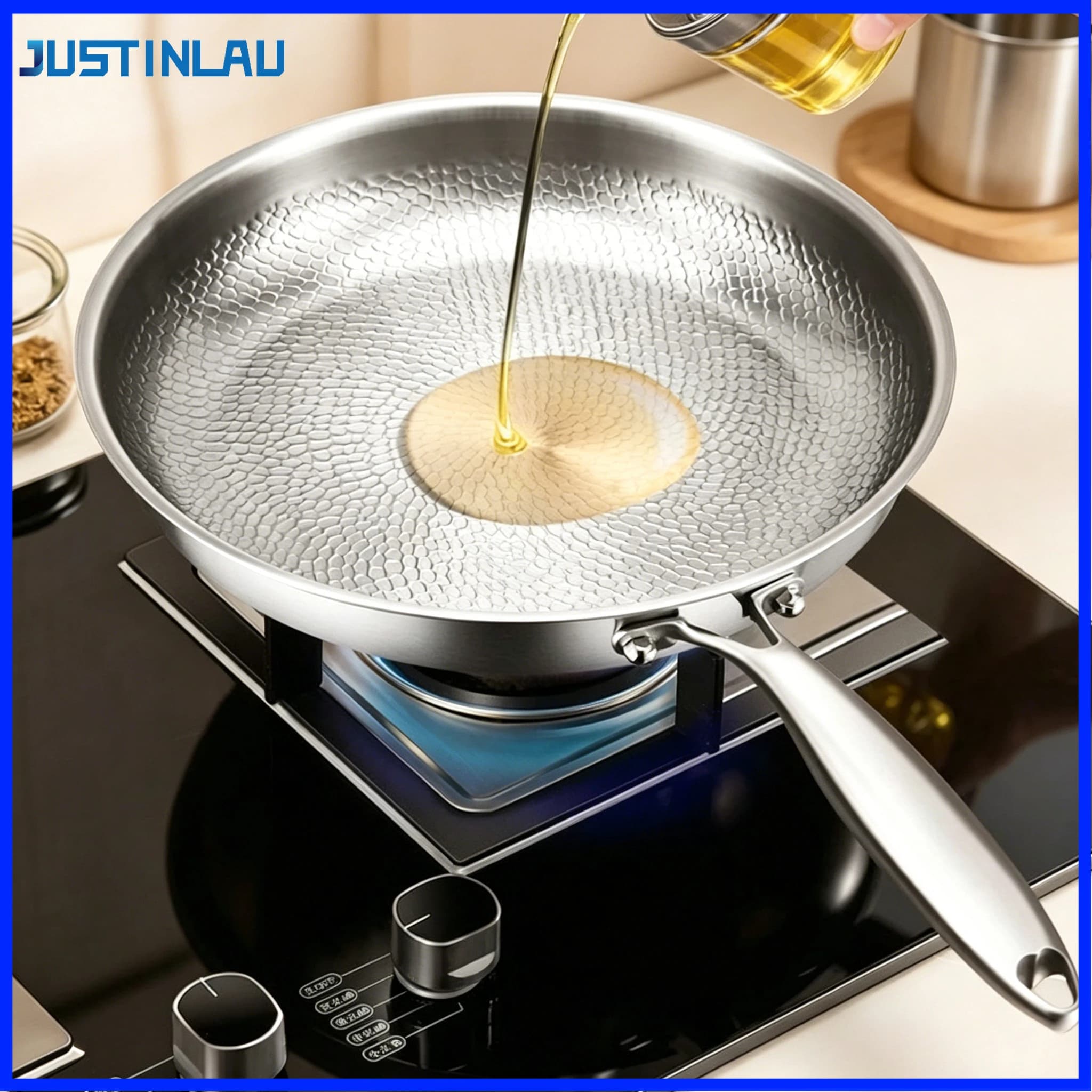 JUSTINLAU 26/28/30CM Hammer Patterned Frying Pan Pure Titanium Uncoated Fried Egg Pan Non-stick Three Layer Bottom Frying Pan