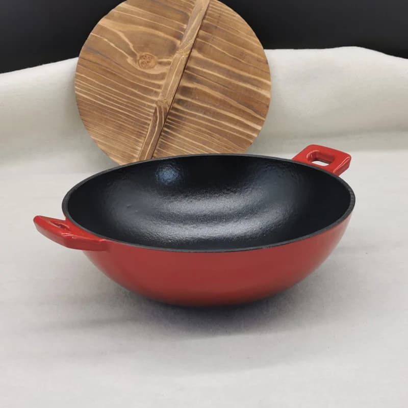 Wok in ghisa smaltata da 24 cm, stile antico, con fondo spesso, non rivestito, antiaderente, per uso domestico, con doppio manico, piccola padella.