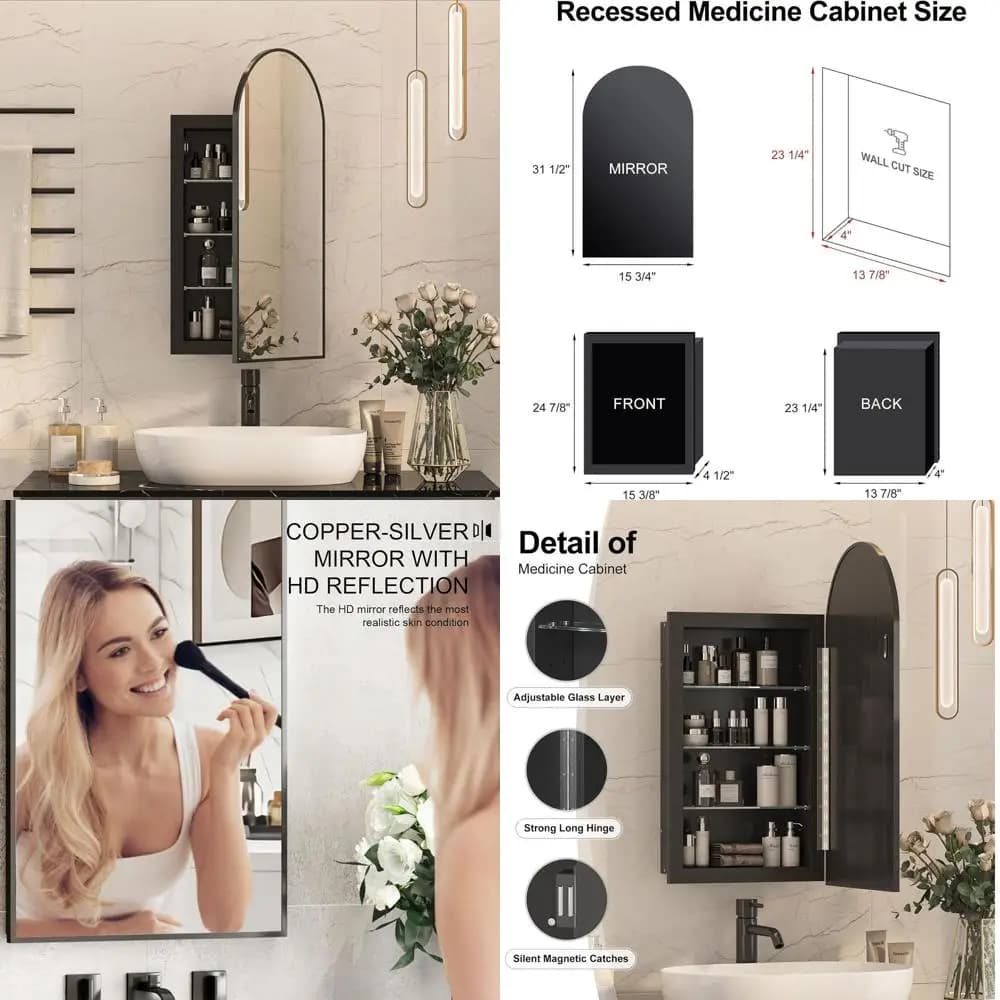 Armadietto a specchio ad arco con vano portaoggetti per il bagno, 16x31