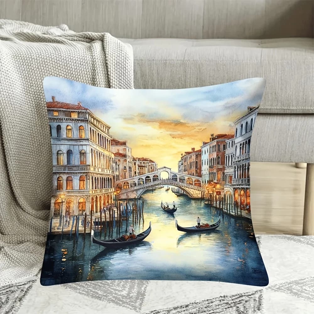 1pc 2D Flat (Pillow Not Included) Venice Canal Gondola Sunset Landscape Travel Art Decor Soft Plush Cushion Case European Style