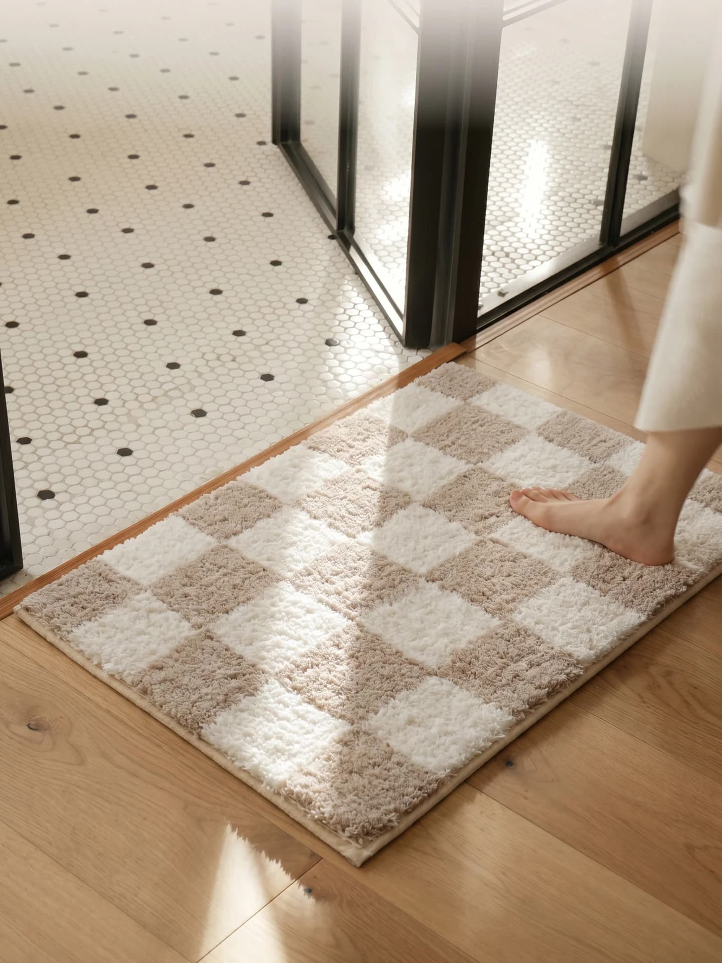 Nordic Style Bathroom Anti-Slip Thickened Velvet Door Mat Home Use Bathroom Entrance Cream Plaid Carpet Water Absorbent Floor...