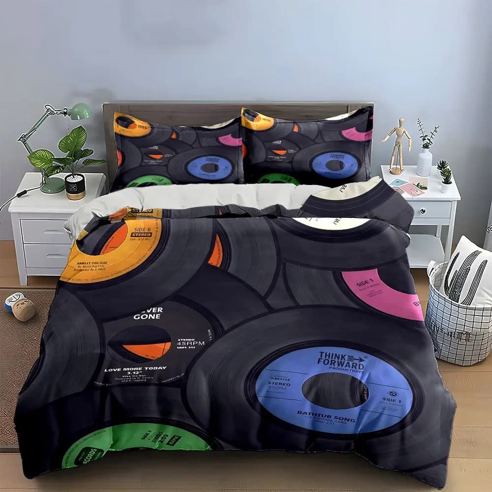 Set di Biancheria da Letto con Stampa di Dischi in Vinile Vintage, Include 1 Copripiumino e 2 Federe, Disponibile in Misure Singola, Doppia, King e Queen, Idea Regalo