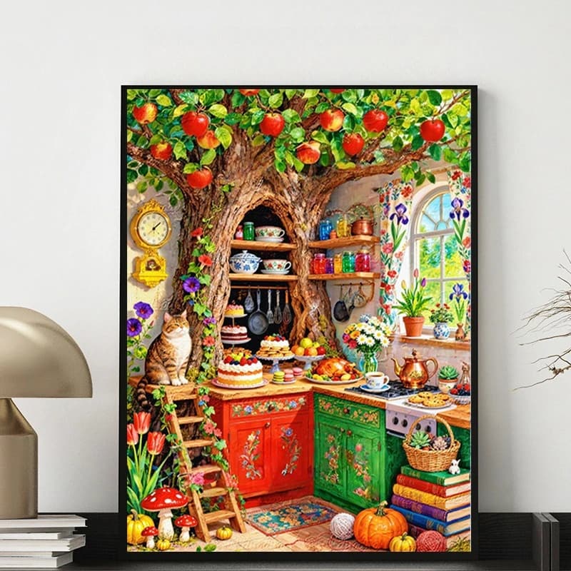 Whimsical Tree‑Hollow Kitchen With Cat & Feast DIY Diamond Painting Mosaic Art DIY Diamond Art Craft Wall Decor Exquisite Gift