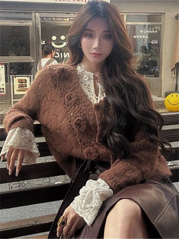 Set Primaverile da Donna in Stile Americano, Dolce e Piccante, con Pizzo, Abbigliamento Casual alla Moda, Maglione Lavorato a Maglia, Pantaloncini, Scollo a V