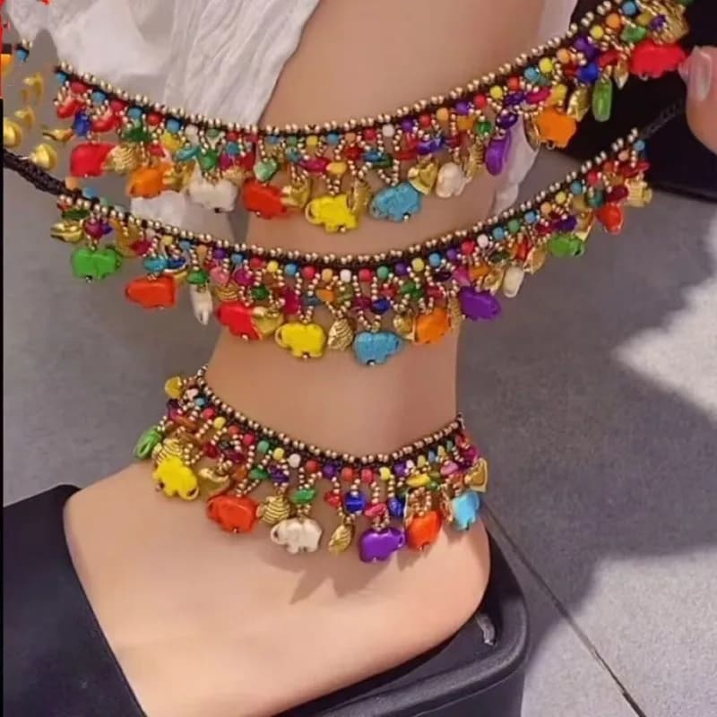 Tibetan Ethnic Handmade Braided Thai Elephant Beach Bracelet and Anklet with Bell Charm Summer Vacation Unisex Adjustable Gift