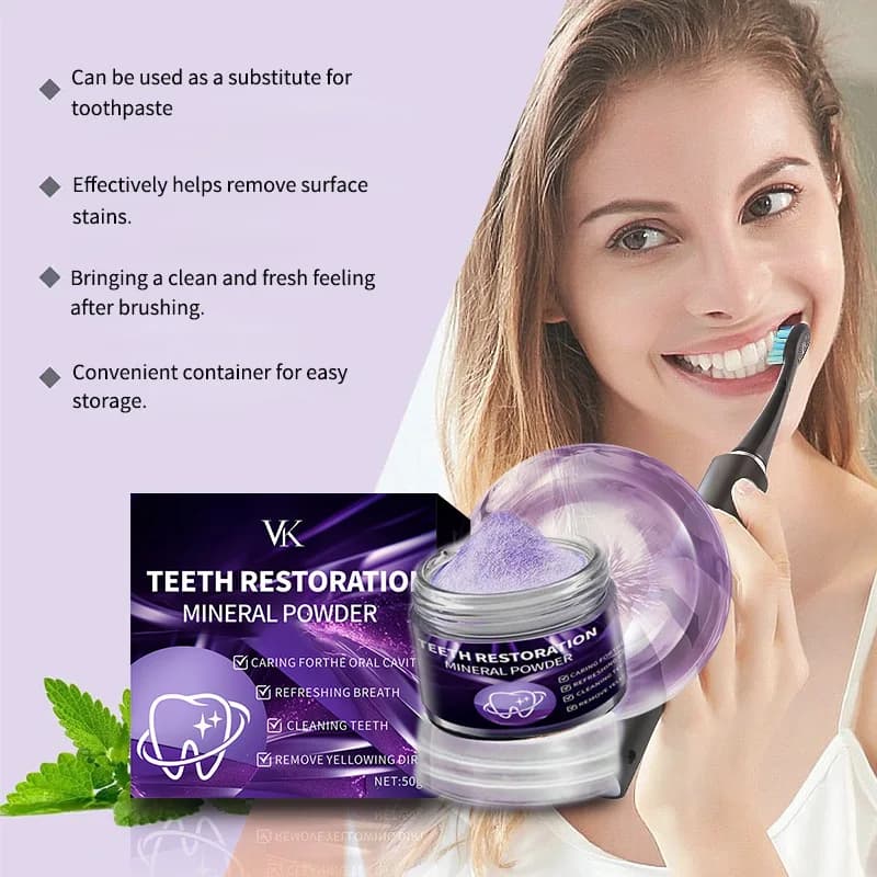 Polvere sbiancante per denti viola, cura orale professionale per rimuovere le macchie, pulire i denti ed eliminare l'alito cattivo