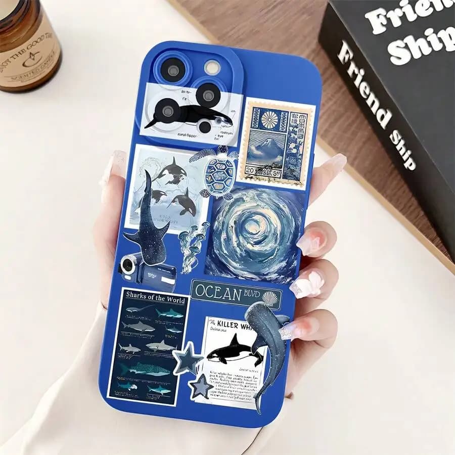 Blue Ocean Whale Shark Pattern TPU Phone Case For iPhone 16 15 14 13 12 11 Pro Max Plus XS S24 S23