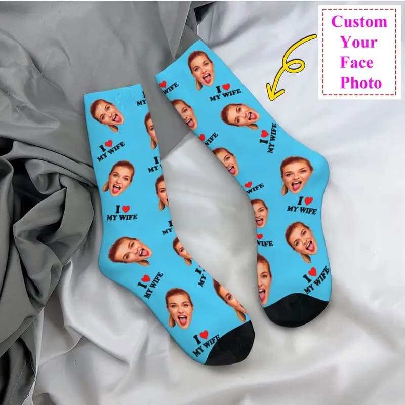 Amo mia moglie Foto personalizzata per il viso Calzini personalizzati da uomo per l'equipaggio Calzini unisex primavera estate autunno inverno