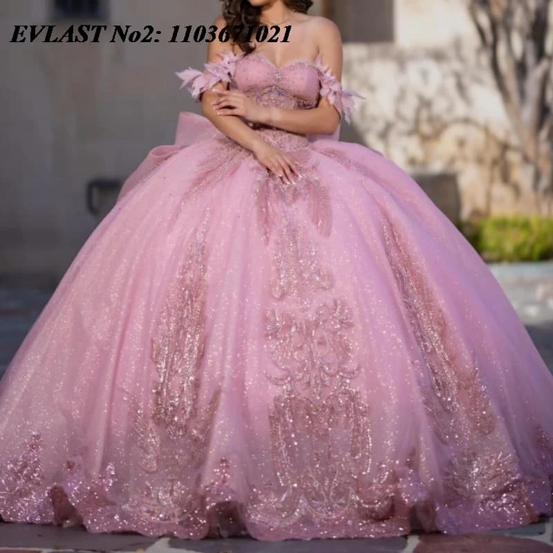 EVLAST Personalizzato Messicano Rosa Abito Quinceanera Spalle Scoperte Lucido Applique di Pizzo Perline Arco Dolce 16 Abiti 15 Anos E2QA142