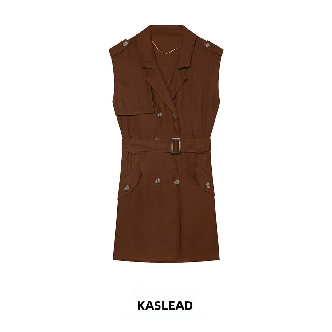 KASLEAD New Women's Fashion Short Dress with Belt Stylish Polyester Fiber Sleeveless Slim Fit City Commute Double Button