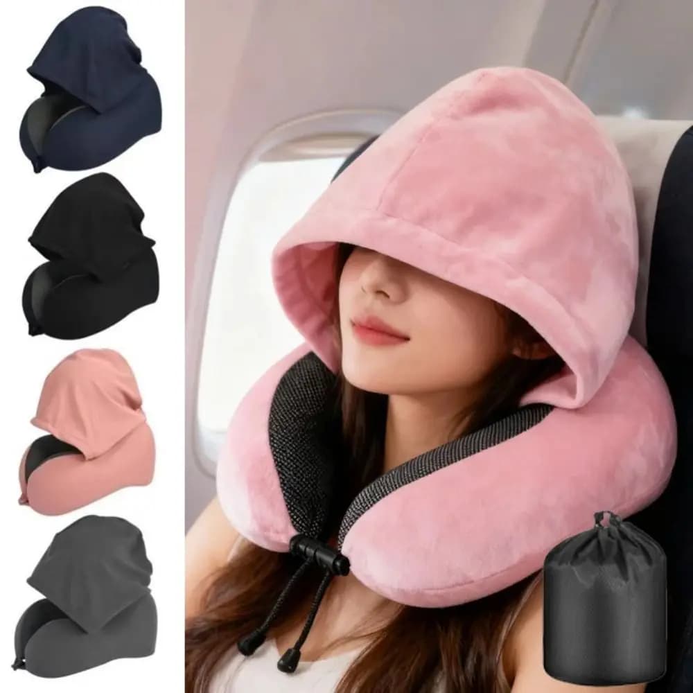 Removable Travel Neck Pillow Washable Cover with Storage Bag U-shaped Pillow with Cap Soft Support Adjustable Hooded Pillow