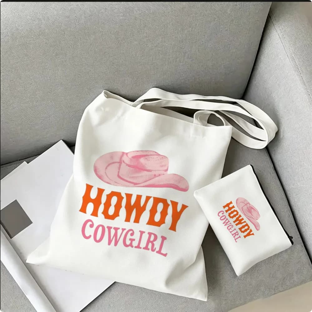 Vintage Pink Cowboy Hat Yoga Bag Canvas Tote Western Howdy Cowgirl Printed Gym Shoulder Handbag Large Capacity Reusable Grocery