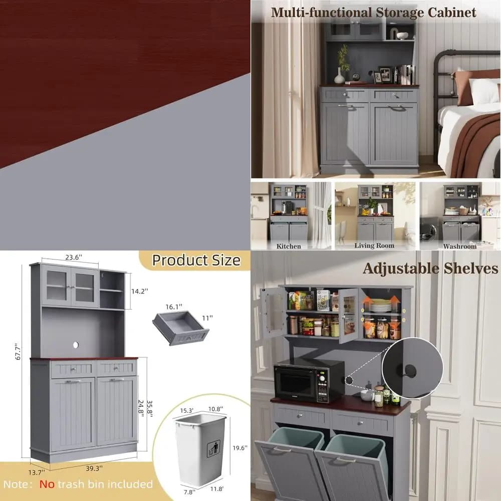 20 Gallon Dual Wood Trash Cabinet with Hideaway Bins for Kitchen Recycling (Gray)