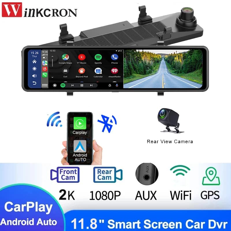 12 inches Carplay and Android Car Rearview Mirror DVR Camera 2K 1080P WiFi GPS Navigation FM Dash Cam Video Recorder