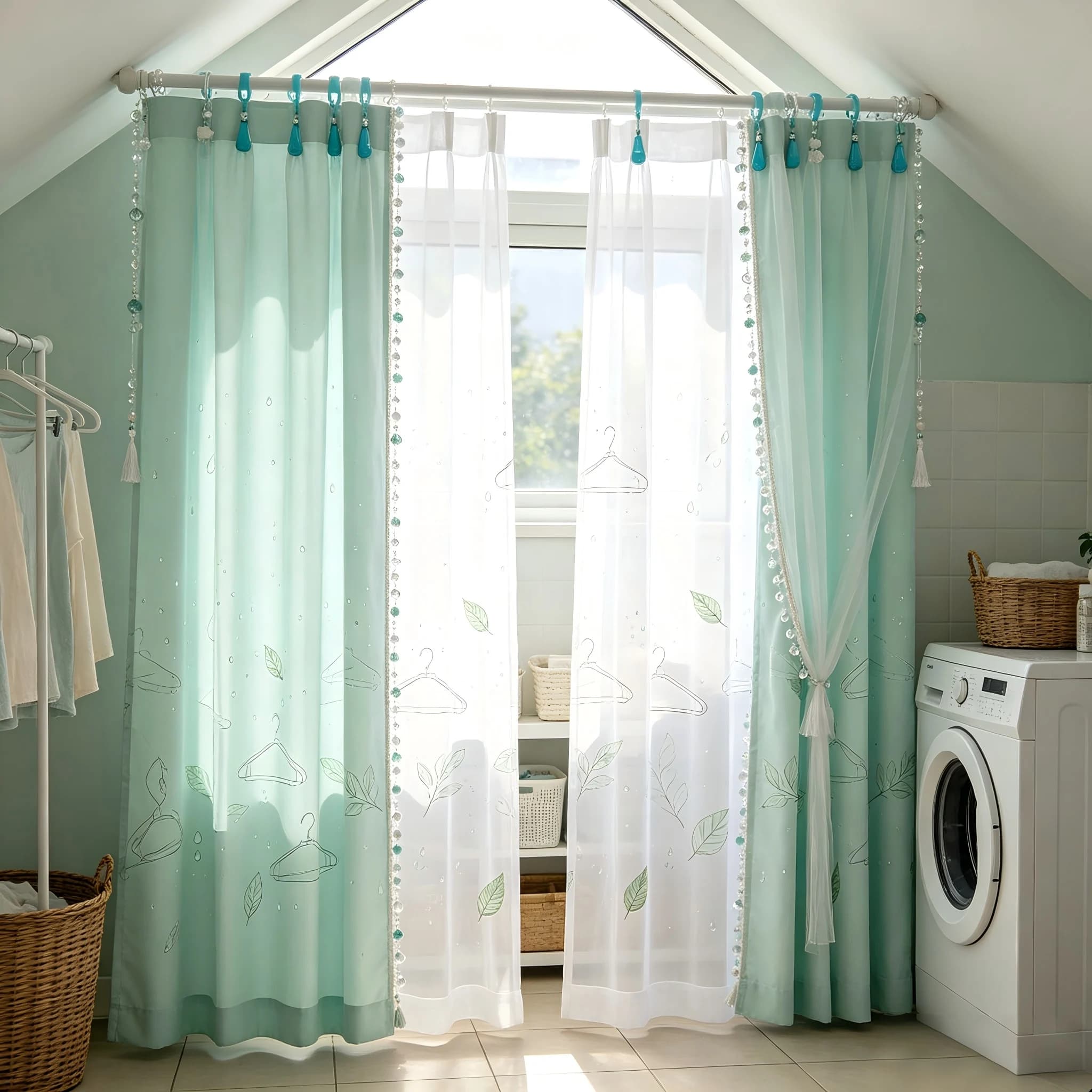 200309 Laundry drying room: Mint green waterproof polyester, water droplet/leaf print curtains