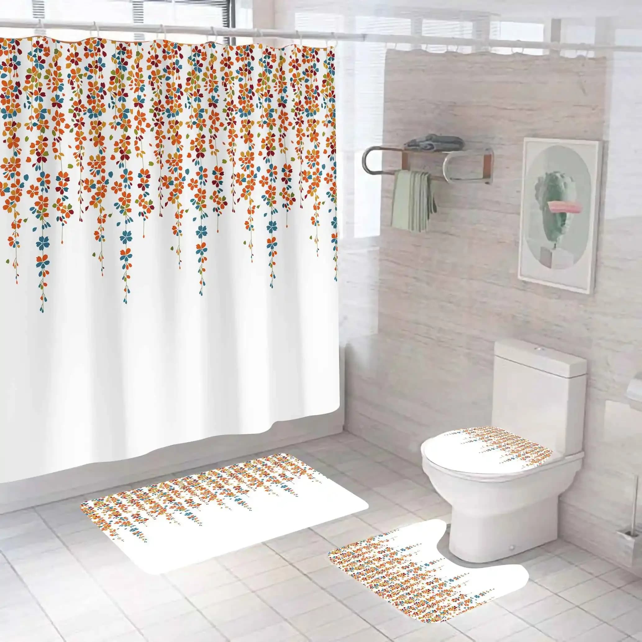 Wholesale Simple Design Waterproof Printed Flower Bathroom Shower Curtain Sets