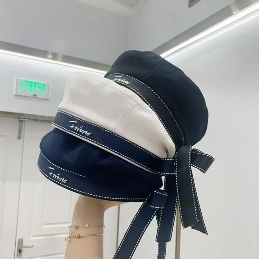 Fashion Bowknot Sailor Hat Tie Ribbon Octagonal Cap Letter Embroidery Korean Style Painter Hat Girls
