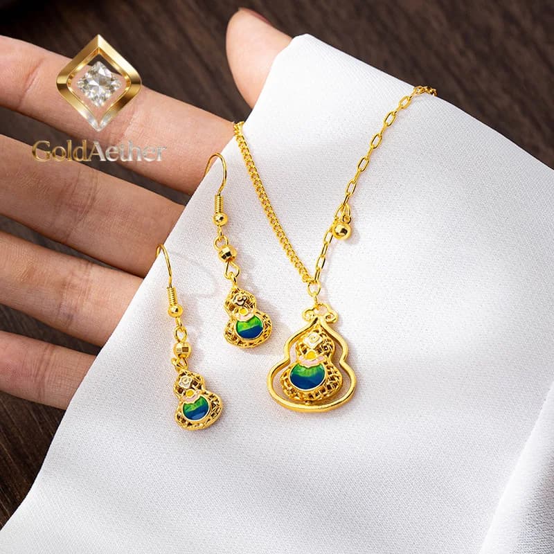 GoldNouveau Retro 24k gold necklace trendy Fulu hollow gourd earrings AU999 women's palace style without fading true gold