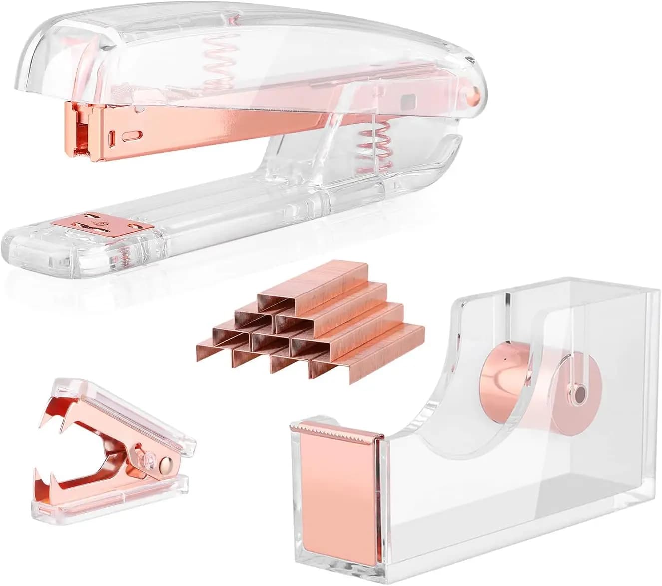 Set di Accessori da Scrivania in Acrilico - Graffettatrice Oro Rosa, Dispenser di Nastro Adesivo, Smagliacavo con 1000 Graffette