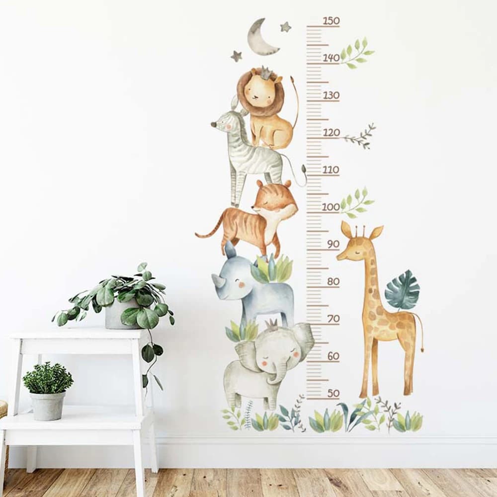 Animali dei cartoni animati Giraffa Elefante Leone Misurazione dell'altezza Righello Adesivi murali per la camera dei bambini Decorazione domestica Simpatico adesivo da parete