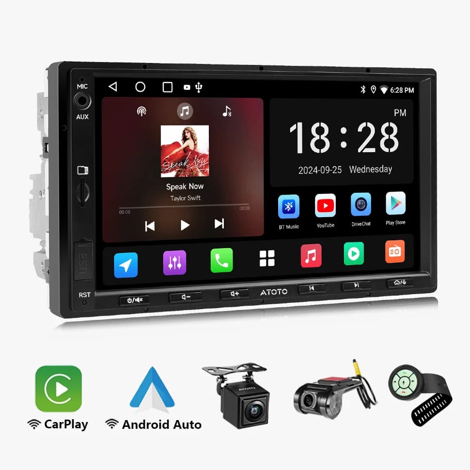 Autoradio Android 2 DIN da 7 pollici con Carplay wireless, schermo Android Auto, doppio 2 DIN, Bluetooth, stereo, lettore multimediale audio.