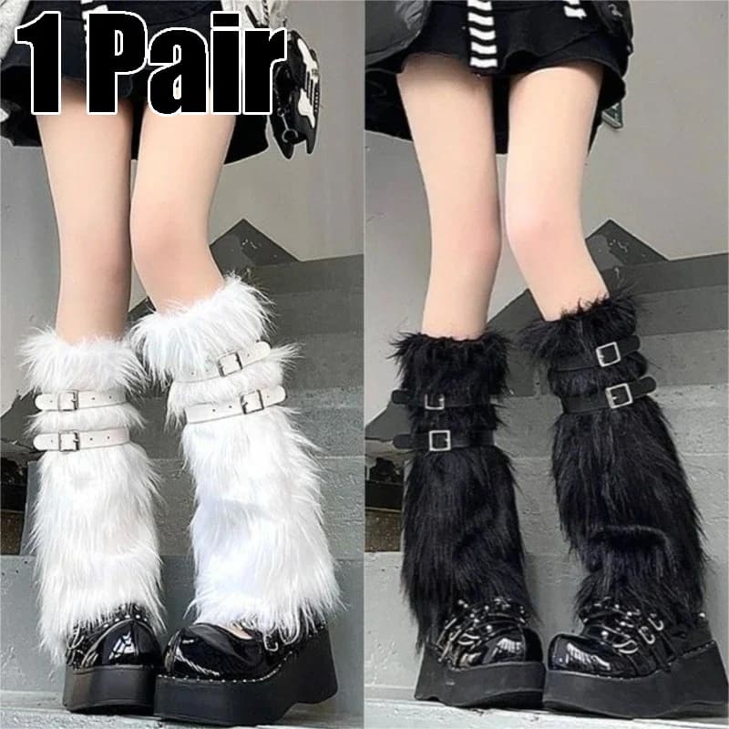 Plush Leg Warmers with Y2K Aesthetic Winter Faux Fur Thigh High Socks in Punk Cute Style for Warm Street Fashion