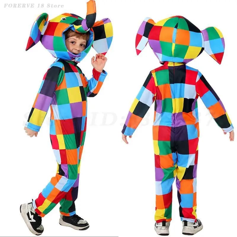 Children Cartoon Elephant Cosplay Costumes Cute Colorful Animal Checkered Jumpsuit Halloween Party Zoo Decoration Head Cover